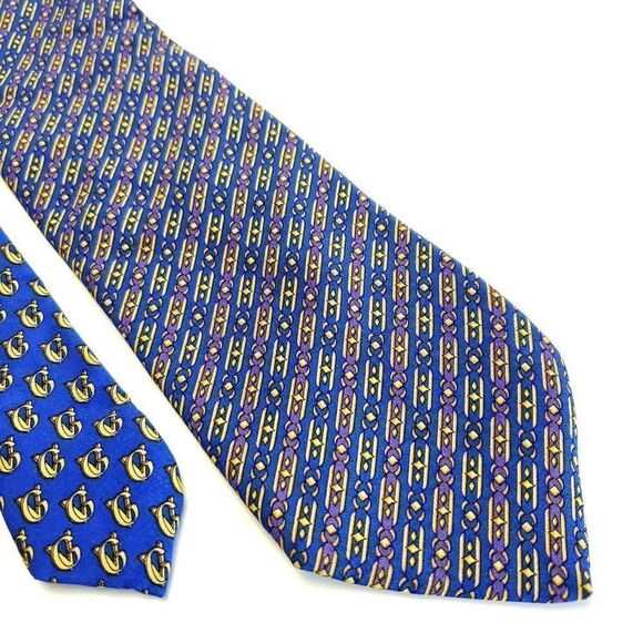Gianni Versace Blue Print Geometric Short Silk Tie - Picture 1 of 6